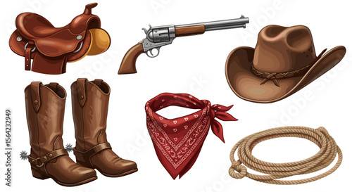 Wild west cowboy gear saddle gun hat boots bandana rope set