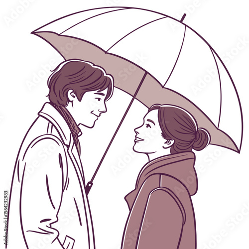 Couple sharing umbrella looking at each other rain romance