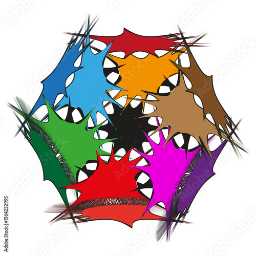 Multicoloured kaleidoscopic starwork. Interlocking barbed arms. Symmetric stellate Vector. Vibrant chromatic geometry.
