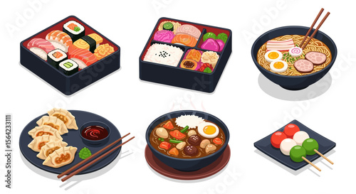 Delicious japanese food sushi ramen bento and gyoza cuisine