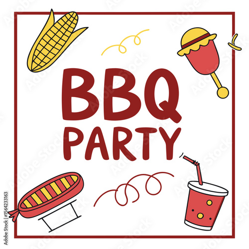 Red and yellow bbq party invitation with food and drink corn hot dog