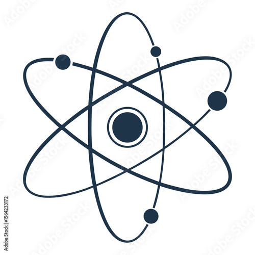 Dark blue atom symbol with orbiting electrons on white atomic science
