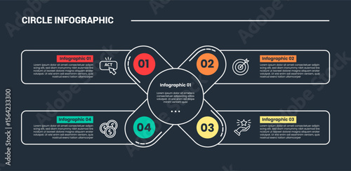 circle shape infographic process diagram with x cross shape with round rectangle box on quadrant structure with dark background bright outline style