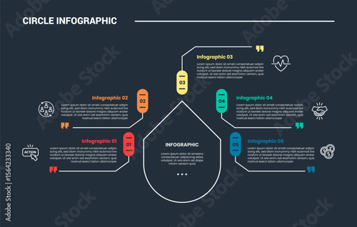 circle shape infographic process diagram with big arrow top direction with capsule shape circular around with dark background bright outline style
