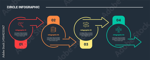 circle shape infographic process diagram with big circle and arrow direction up and down with dark background bright outline style