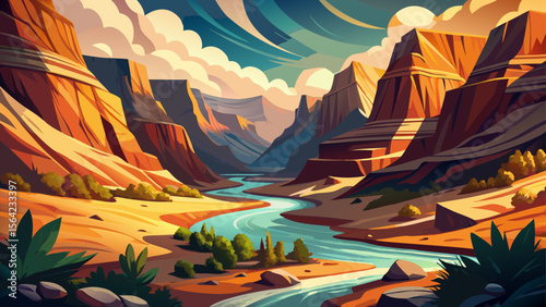 In Big Bend National Park, the Rio Grande snakes through a dramatic canyon, with sunlit desert vegetation casting dancing shadows over stone and sand.