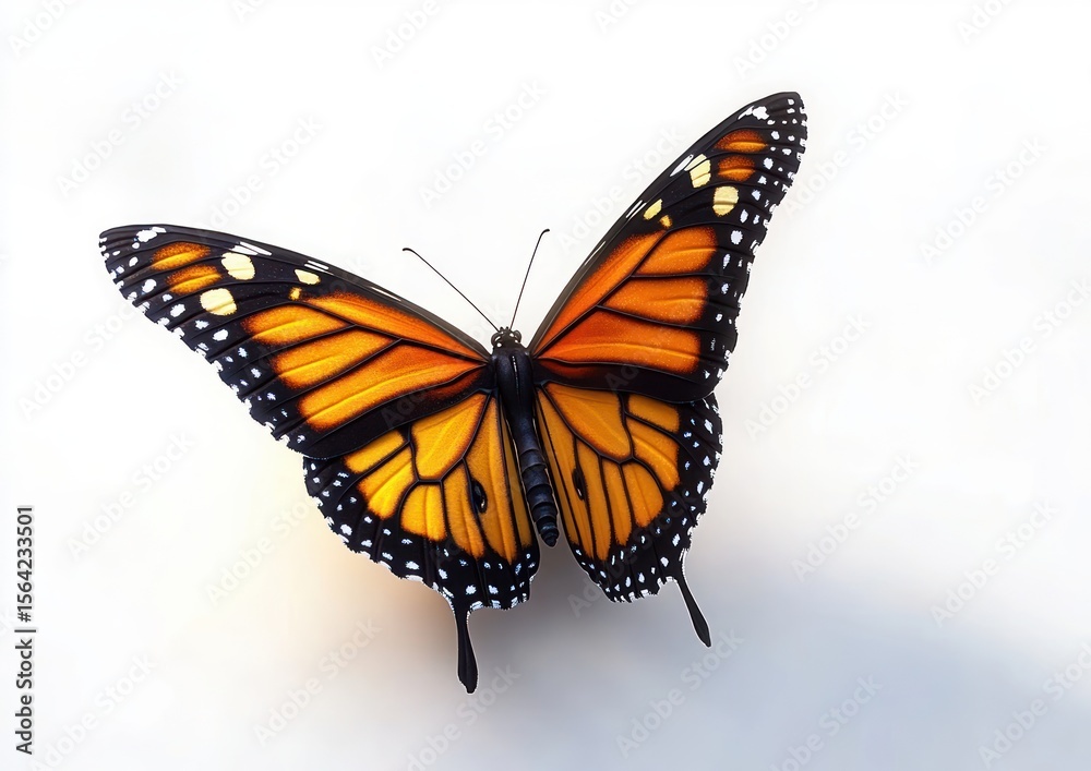 Obraz premium Close-up of a vibrant orange and black butterfly with detailed wings spread on a white background, showing delicate patterns and textures