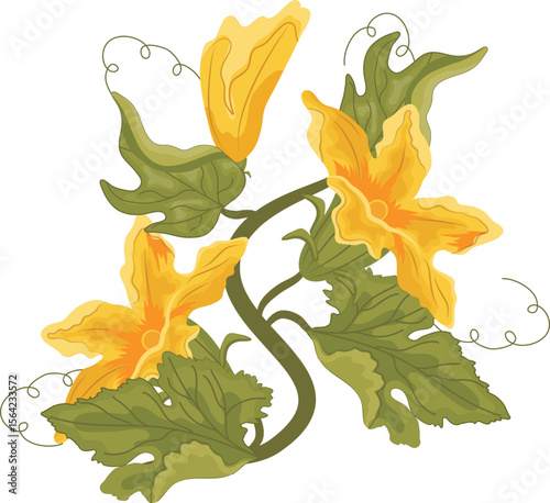 flat icon of a sprig of pumpkin tops with green, twisted leaves and yellow pumpkin blossoms, for autumn printing, textiles or packaging