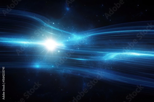 Bright radiant light emitting vibrant blue streams and particles in a space-like dark background conveying motion and energy