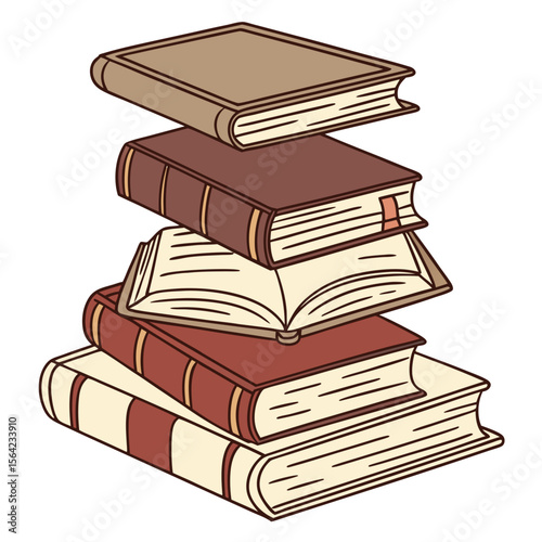 Stack of open and closed books with brown covers and cream pages reading knowledge