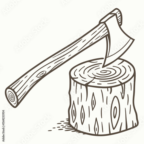 Wooden axe embedded in tree stump chopping