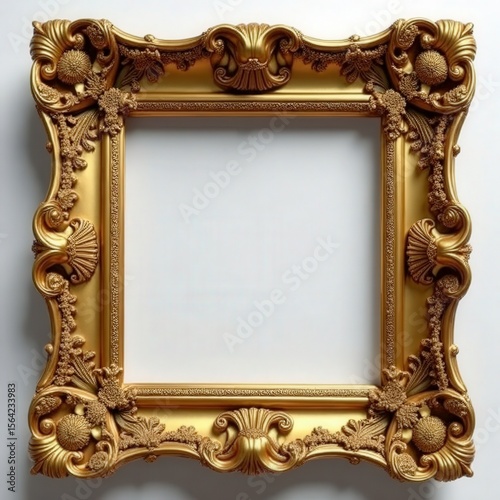 Luxury Baroque Gold Frame with Ornate Floral Carvings on White Background