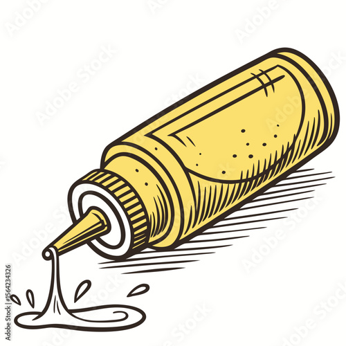 Yellow mustard bottle pouring condiment on white background vector