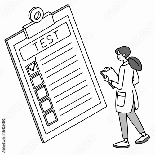 Person in lab coat checking off test list clipboard checklist