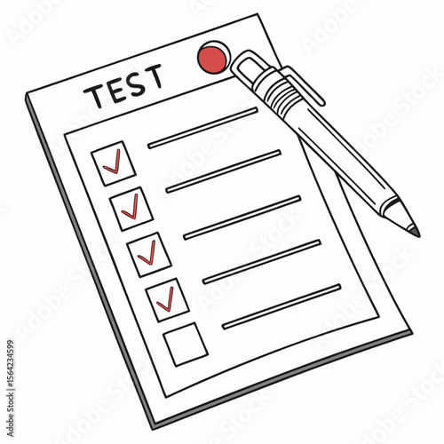 Test paper with red checkmarks and pen checklist assessment