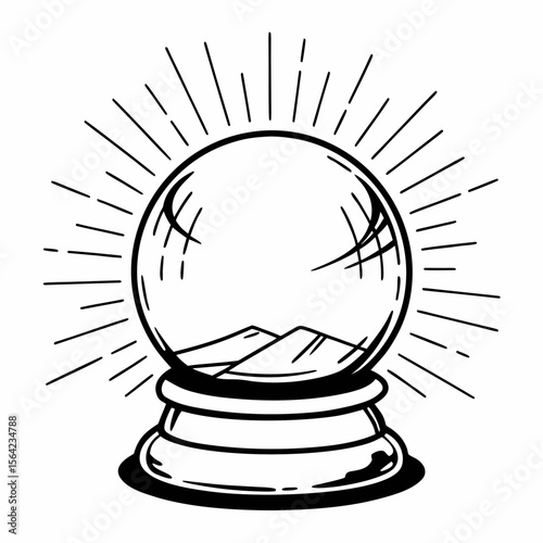 Crystal ball with mountain landscape and radiating lines fortune telling divination