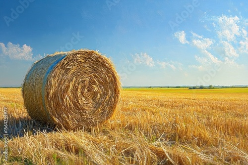 Large round hay bale standing in a golden harvested field under a bright blue sky with scattered white clouds creating a peaceful rural scene