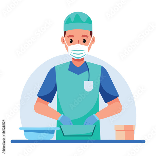 Medical professional in surgical attire preparing for operation procedures in sterile environment