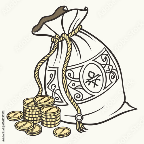 Money bag with gold coins and ornate design prosperity wealth