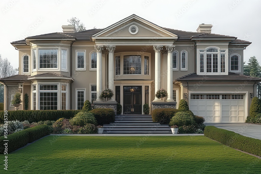 Fototapeta premium Large elegant beige mansion with tall white pillars, multiple large windows, manicured front lawn and shrubs, and a three-car garage under a cloudy sky