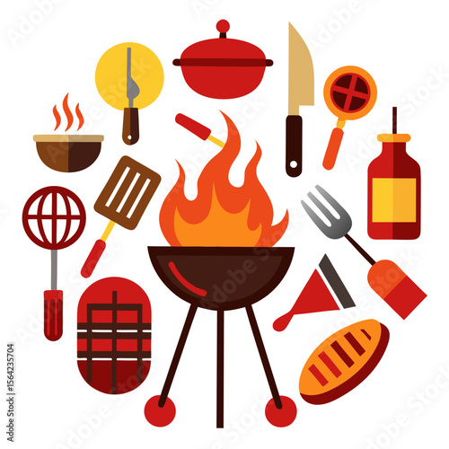 Barbecue grill with cooking utensils and food fire
