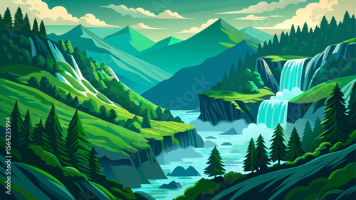 The green valleys and roaring waterfalls of Great Smoky Mountains National Park fill the scene with moisture-laden mist, as Appalachian ridges fade into blue distance.