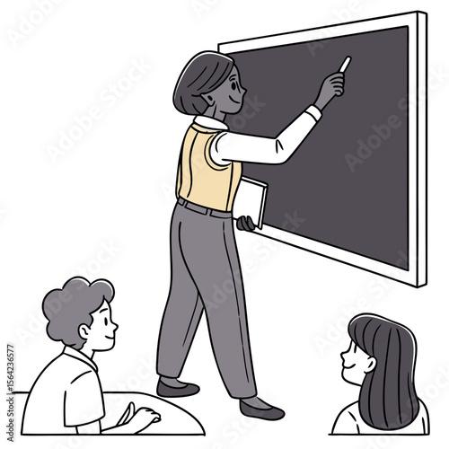 Teacher instructing students at blackboard classroom chalk