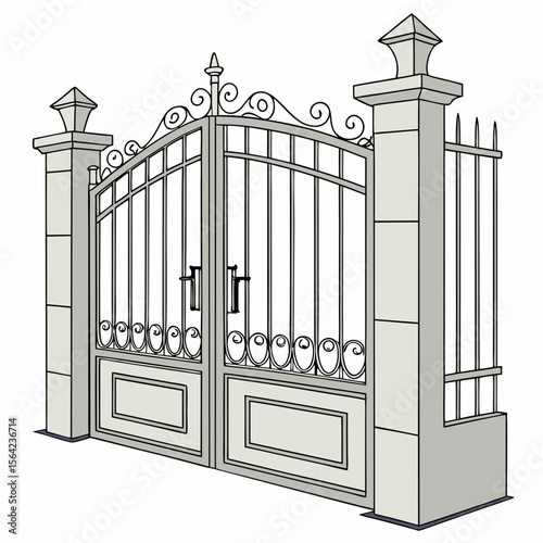 Ornate wrought iron gates with stone pillars and decorative scrollwork metalwork