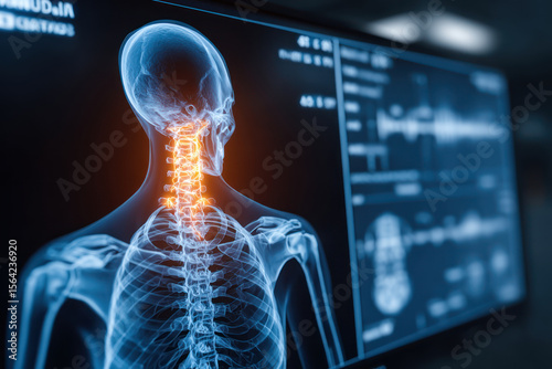 Human spine highlighted in digital X ray display showing cervical vertebrae pain and medical diagnostic screen.