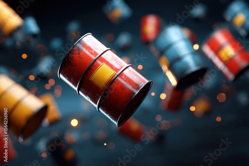 Declining oil barrels with price tags falling commodity market crash, industrial warehouse lighting creates dramatic energy.