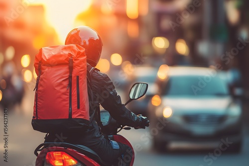 Delivery Rider on Motorcycle in Urban Setting at Sunset with Traffic Background