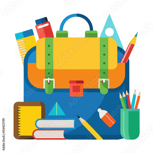 Blue satchel with colorful school supplies and stationery school bag backpack