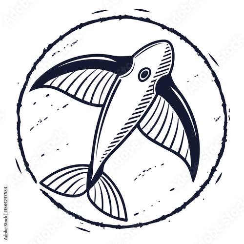 Stylized fish with fins and tail in distressed circle vector