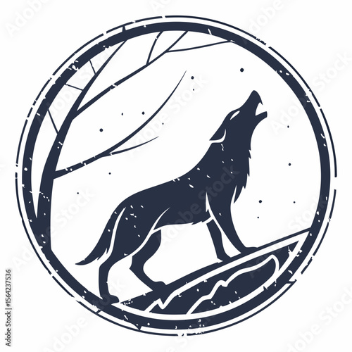 Dark wolf howling on rocky outcrop under bare branches night moon