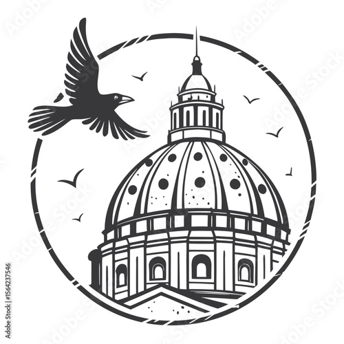 Flying bird over classical dome architecture black and white