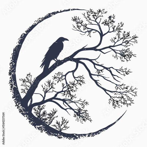 Raven perched on bare tree branches within distressed circular frame crow bird