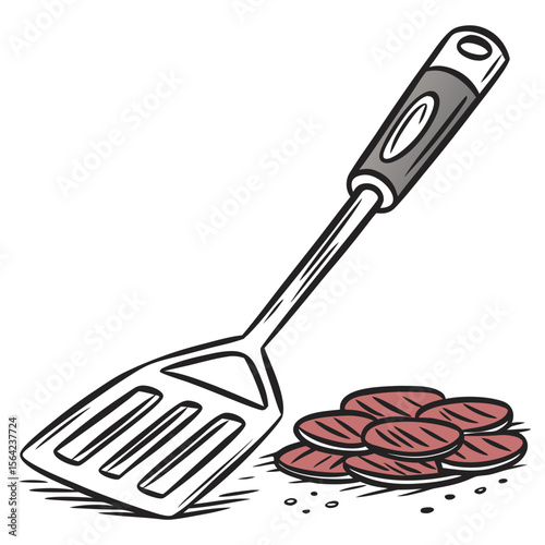 Grilling spatula with cooked meat patties cooking food
