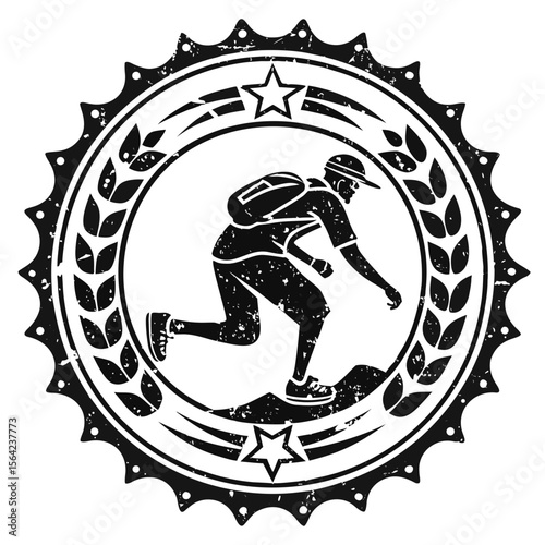 Distressed hiker emblem with laurel wreath and star trekking backpack