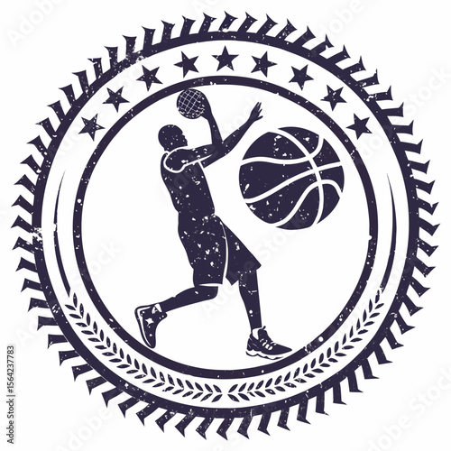 Basketball player dunking in distressed circular emblem sports