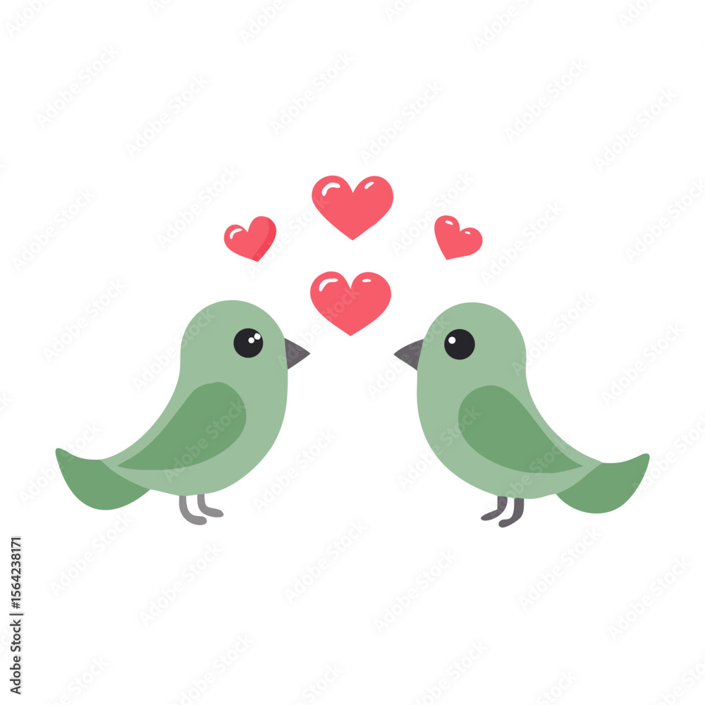 Two green birds with pink hearts love romance Two green birds with pink hearts love romance