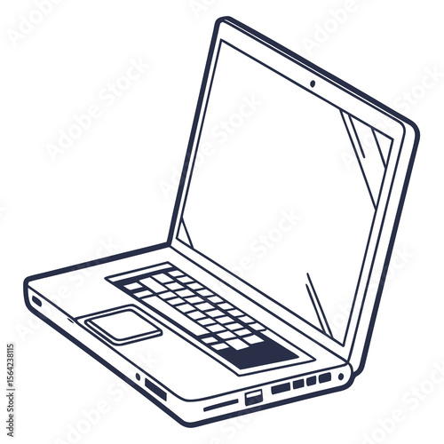 Open laptop computer with dark blue outline on white technology device