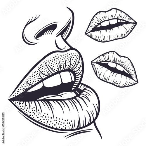 Black and white lips with stippling detail mouth retro