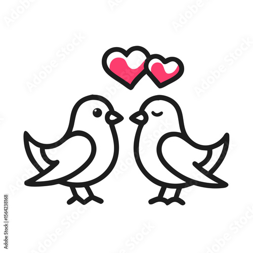 Two lovebirds facing each other with hearts above romance couple