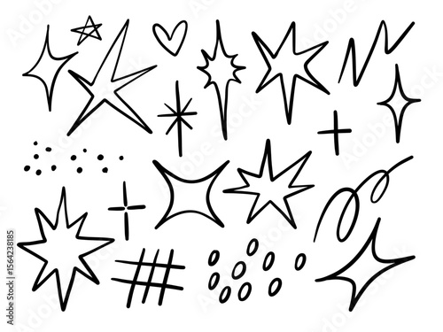 Hand Drawn Sparkle and Symbol Doodle. A collection of 19 expressive black line elements including sparkles stars scribbles crosses heart and accents in playful hand drawn doodle style for creative use