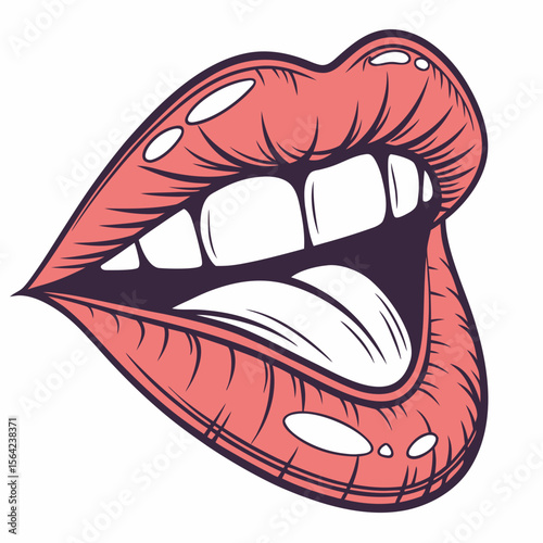 Open mouth lips with tongue showing engraving teeth