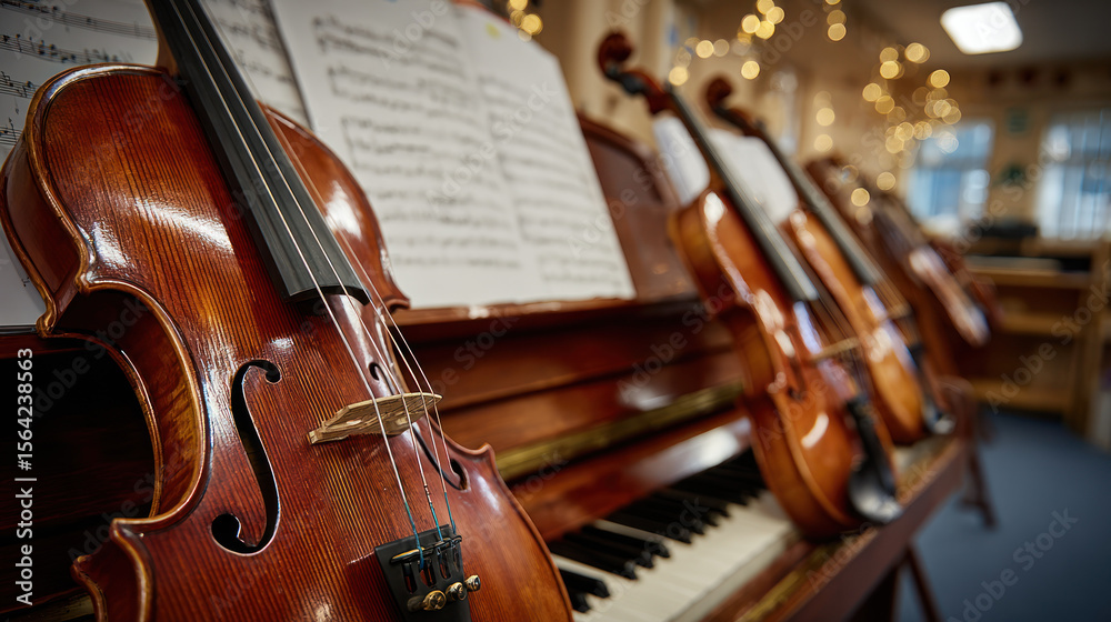 Fototapeta premium Violin musical instrument piano sheet music music classroom practice room lighting warm atmosphere.