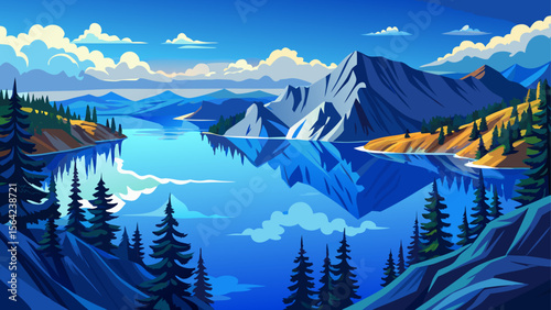 Peaceful reflections ripple across Crater Lake National Park, where deep-blue waters fill a volcanic caldera, surrounded by pine-covered cliffs and serene silence.

