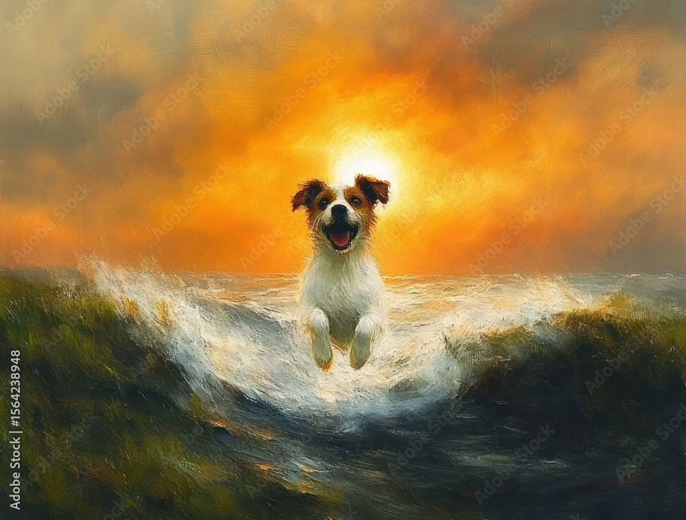 Obraz premium happy dog joyfully jumping through ocean waves at sunset with vibrant orange sky and dynamic water motion