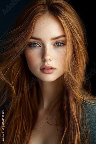 Close-up portrait of a young woman with long red hair, blue eyes, and freckles, looking calmly and directly into the camera against a dark background