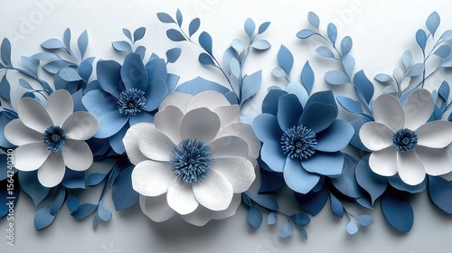 A delicate arrangement of paper flowers and leaves in shades of blue and white.
